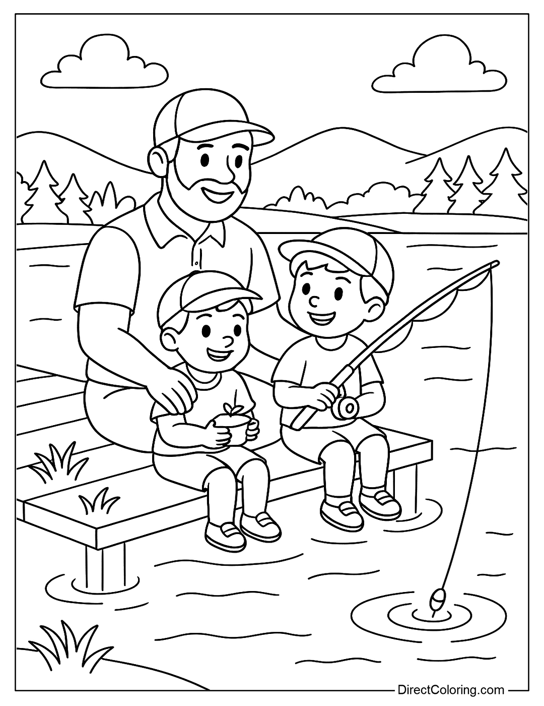 a coloring page of a father and son fishing together on a lake, a peaceful natural scene